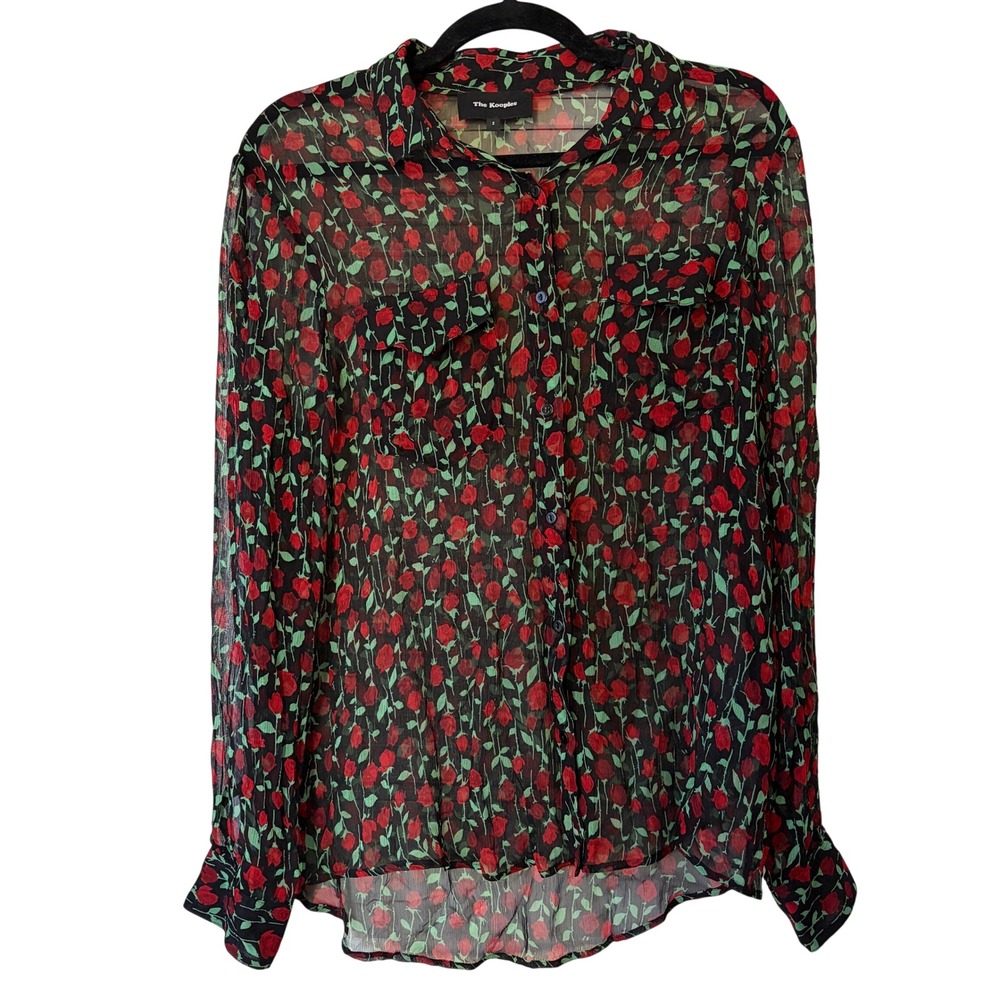 The Kooples Rosa Rose Sheer Button Down Blouse Women's 2 Medium Black Red Green